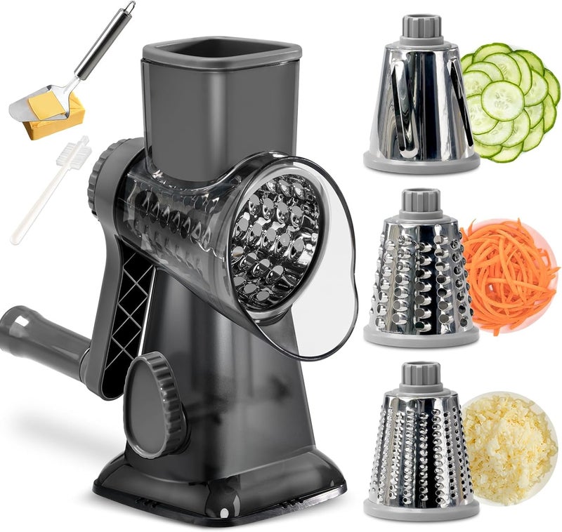 Maxceysen 3 in 1 Manual Vegetable Cutter Machine with Stainless Steel Changeable Blades Rotary Cheese Grater Kitchen Tool Potato Slicer Shredder Nuts Chocolate Chopper (Transparent black) - Image 1